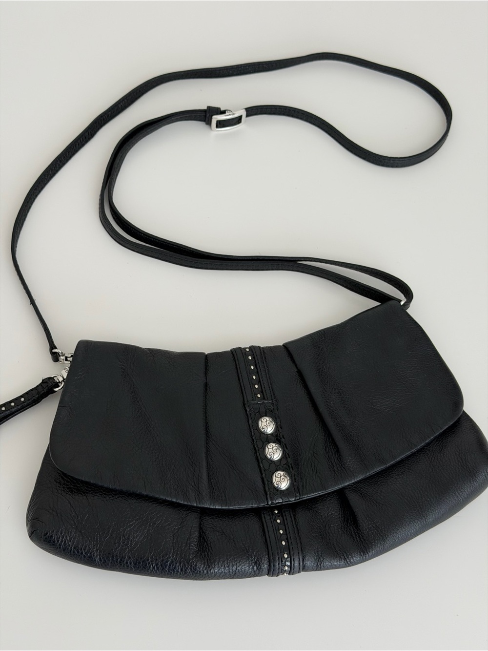 Brighton Black Leather Crossbody with Silver-Tone Button Accents